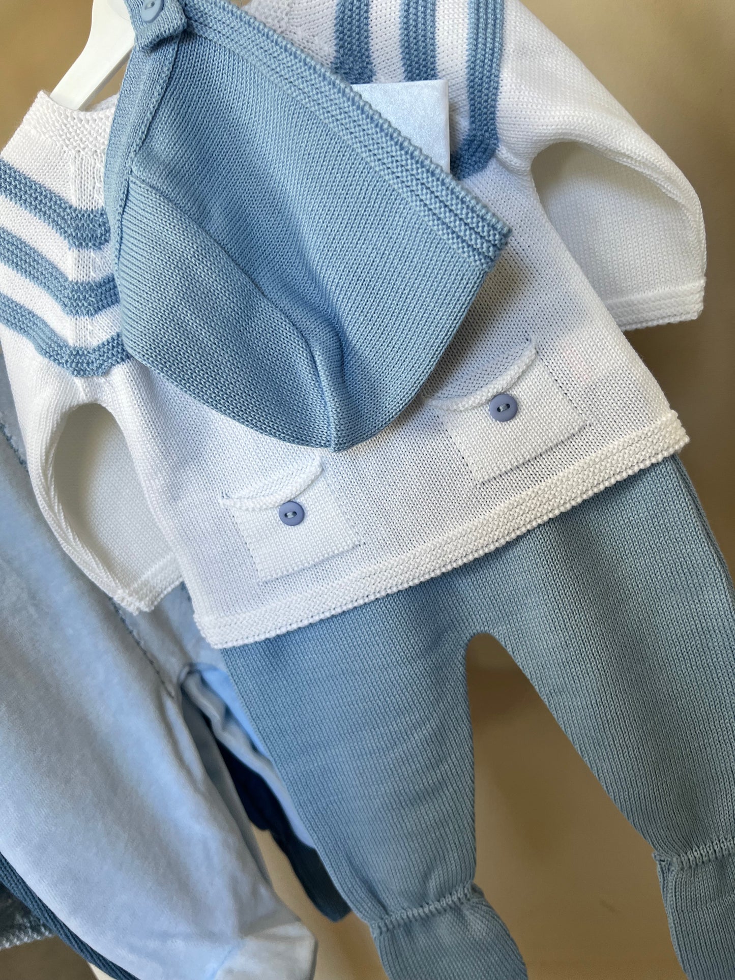 Calvin Baby boy 3 piece - Blue & white stripped soft knit jumper trousers and bonnet
