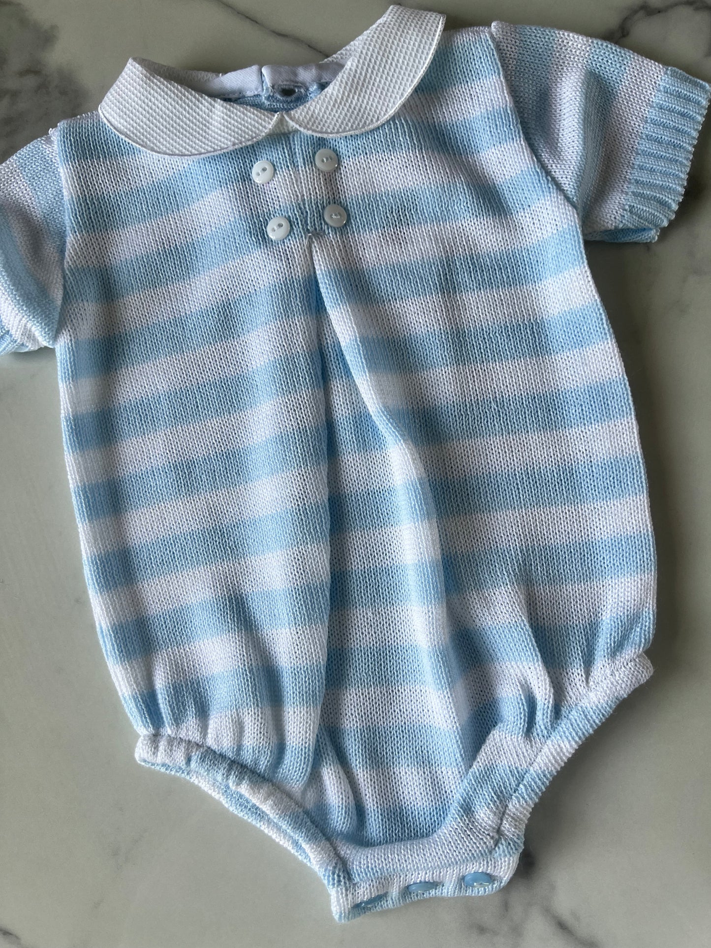 Baby boys light blue stripped knitted romper