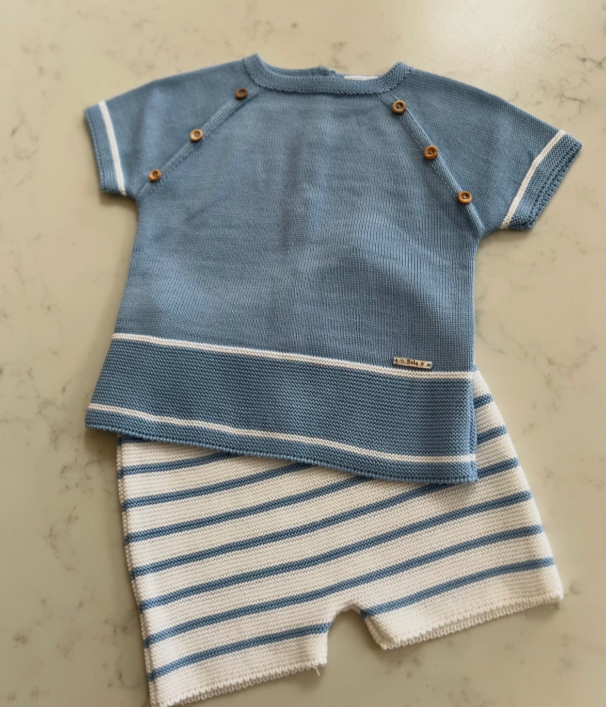 CASPER Baby boys ocean blue T with button detailing and short set