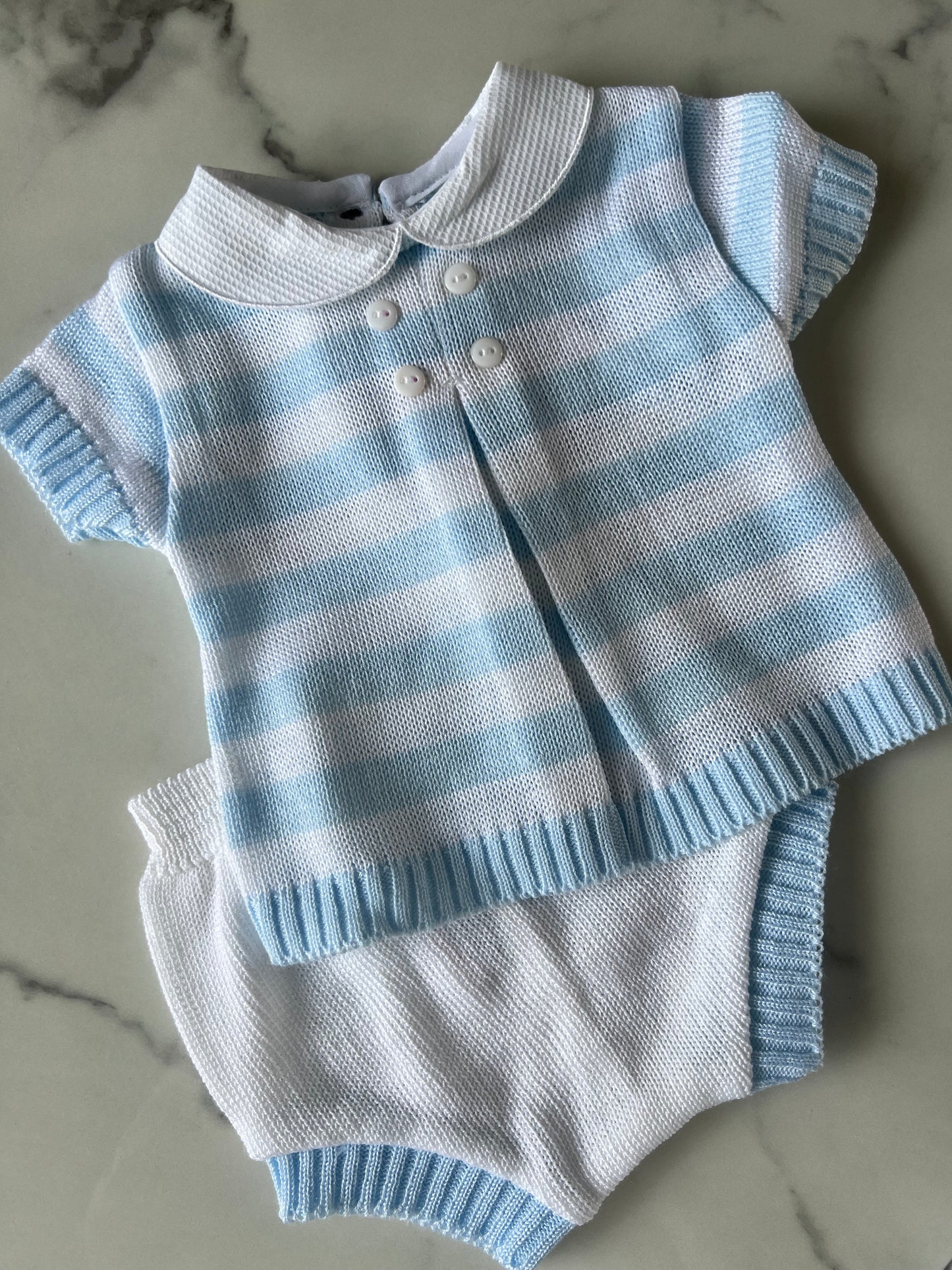 Baby boys light blue stripped knitted two piece set