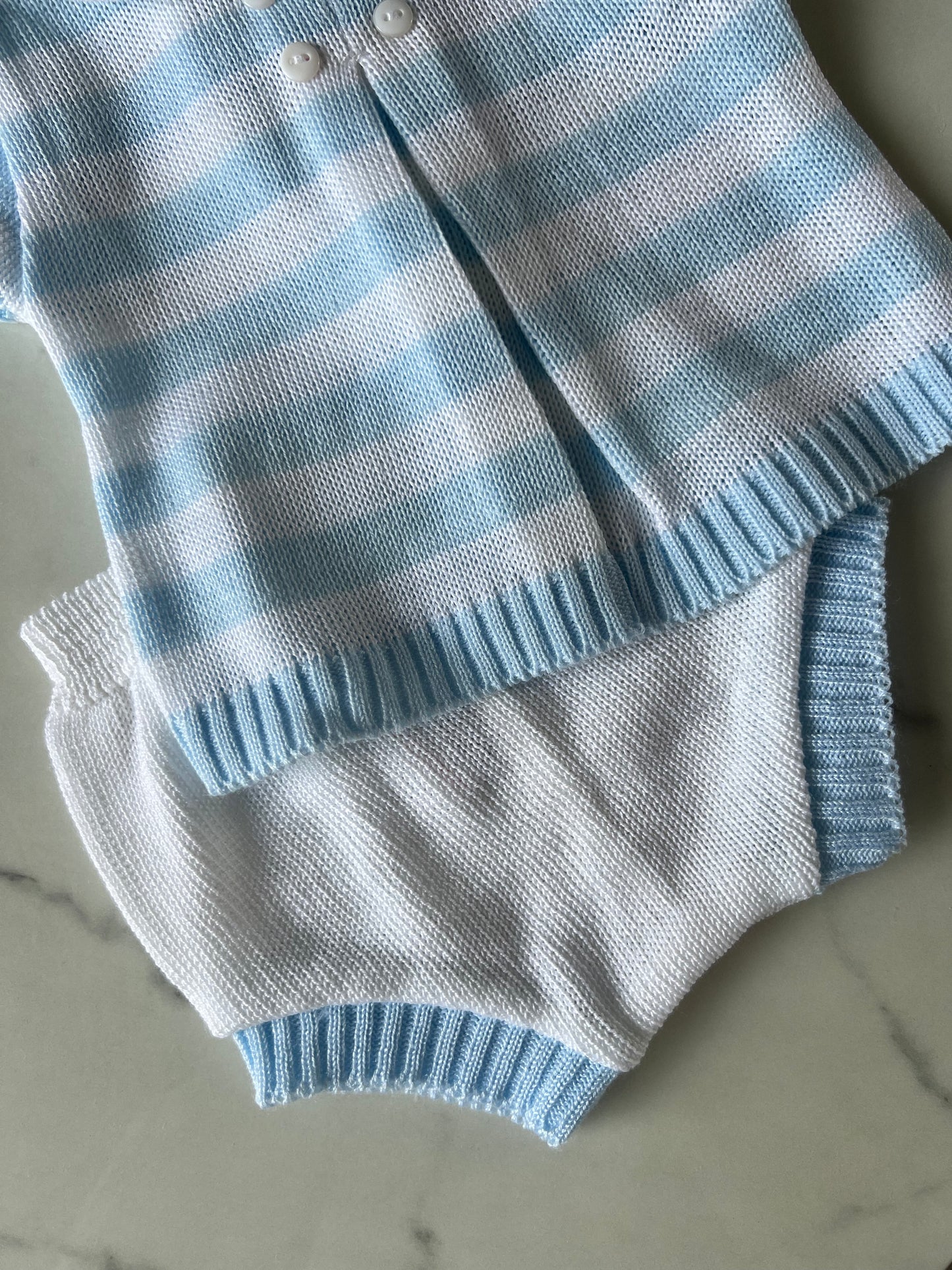 Baby boys light blue stripped knitted two piece set