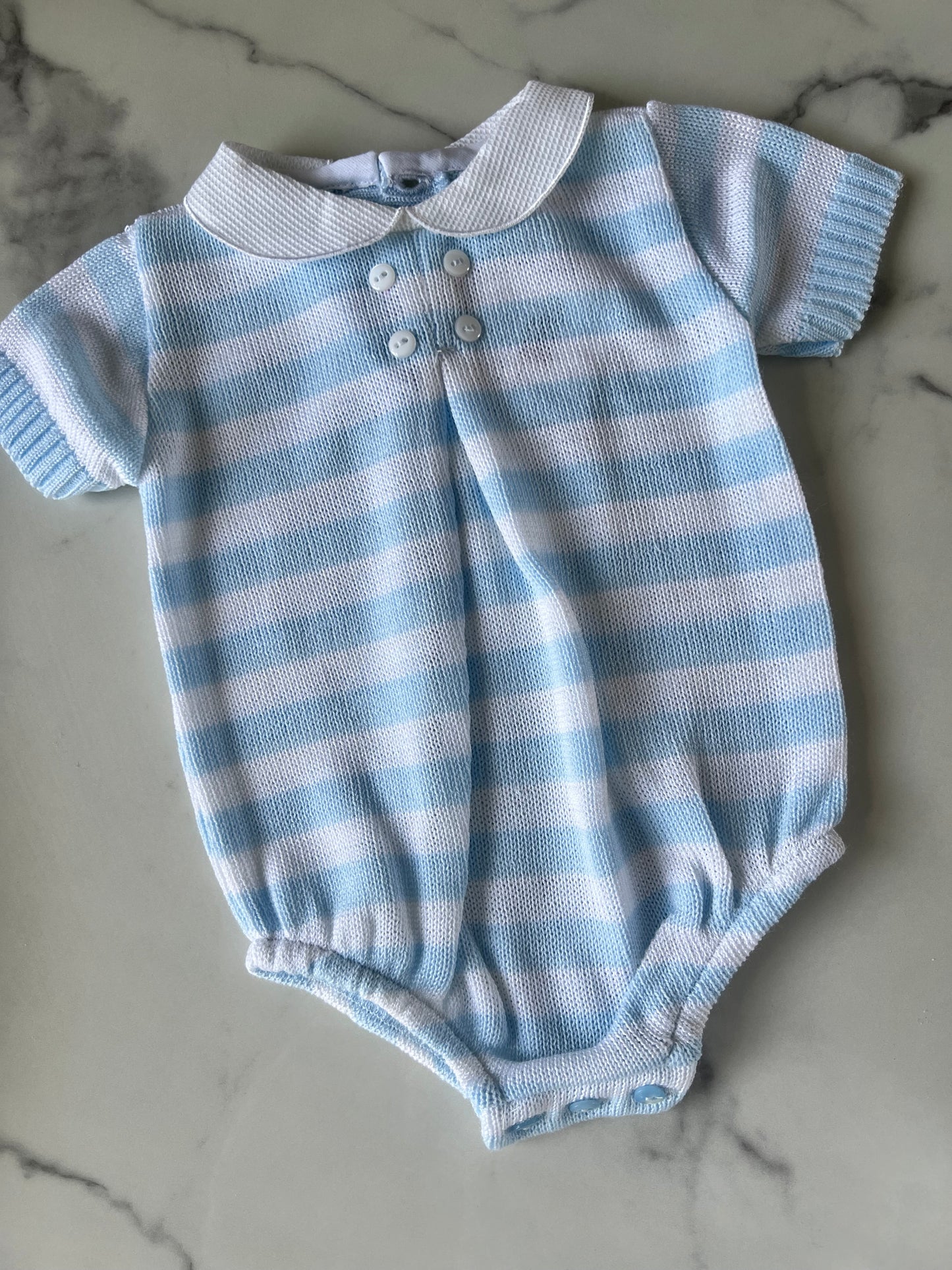 Baby boys light blue stripped knitted romper