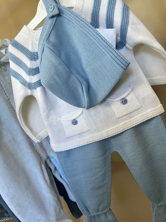 Calvin Baby boy 3 piece - Blue & white stripped soft knit jumper trousers and bonnet